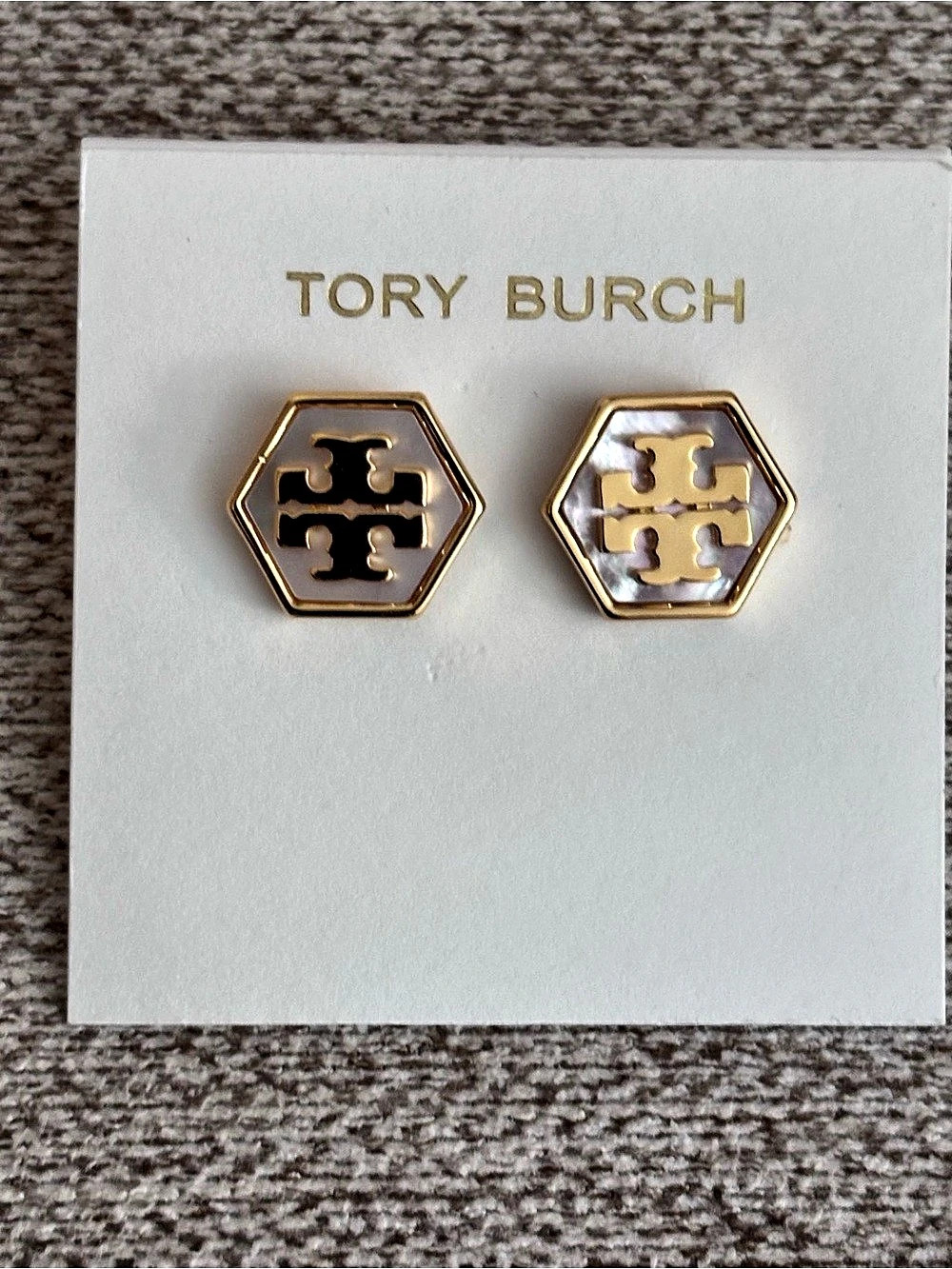 Tory Burch Hexagon Mother-of-Pearl Logo Stud Earrings Logo Hexagon Stud Earrings